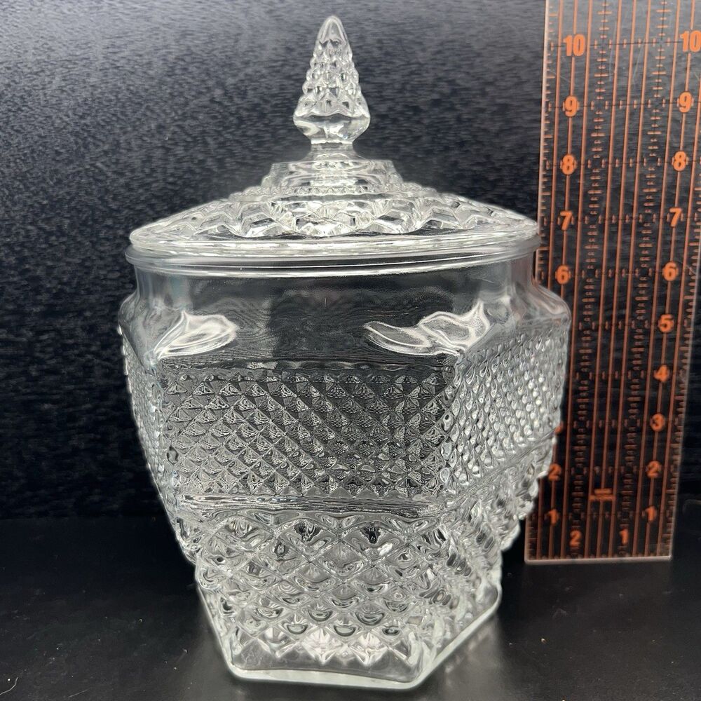 Anchor Hocking Wexford Cookie Jar w/ Lid Cut Glass 1960’s MCM Regency - Picture 9 of 12